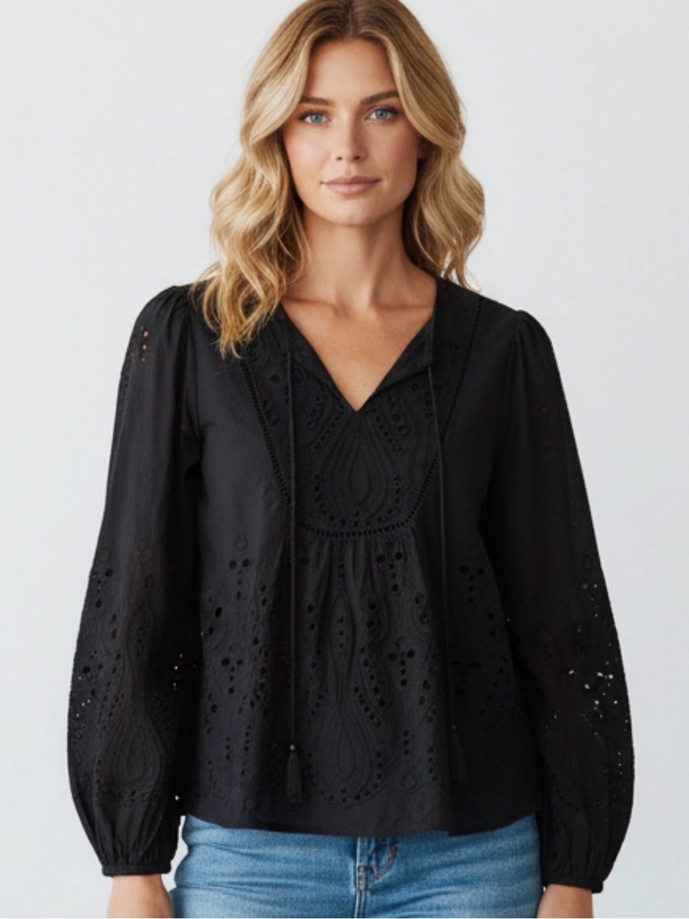 Black Eyelet cotton Peasant Blouse - Women's Top relaxed fit size small
